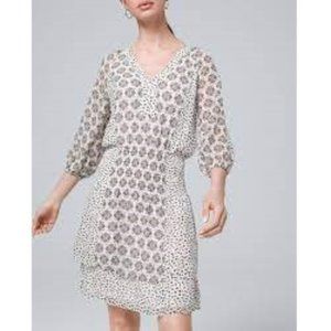 WHITE HOUSE BLACK MARKET Women's Mixed Print Tiered Blouson Dress Smocked sz XS